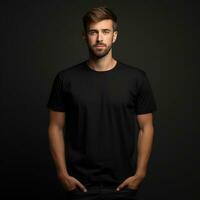 ai generado negro camiseta Bosquejo, hombre con negro antecedentes foto