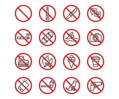 Vector line icon set forbidden sign. Outline stroke design in red circle and pictogram choice rules. Warning closed agreement and information protection or danger risk.