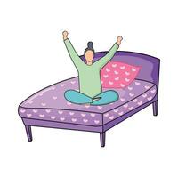 person wake up in double bed illustration vector