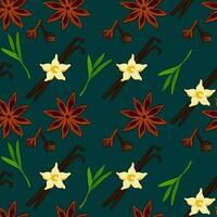 Seamless pattern with vanilla and star anise, rosemary on dark background. Hand drawn vector illustration. Perfect for use to create menus, packaging, patterns, prints, textile design.