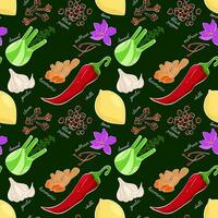 Spices and herbs seamless pattern. Hand drawn vector illustration. Turmeric, cloves, pepper on dark background. Perfect for use to create menus, packaging, patterns, prints, textile design.