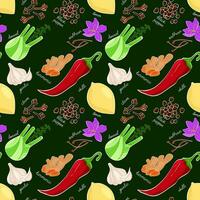 Spices and herbs seamless pattern. Hand drawn vector illustration. Turmeric, cloves, pepper on dark background. Perfect for use to create menus, packaging, patterns, prints, textile design.