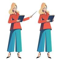 Elegant woman speaker giving presentation or lecture pose set. Stylish business girl or teacher pointing at smth with pointer, or finger, talking and holding folders. Character set vector illustration