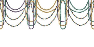 Hand drawn watercolor Mardi Gras carnival symbols. Garland festoon glass bead jewel pearl strings, gold purple green. Seamless banner isolated on white background. Design party invitation, print, shop vector