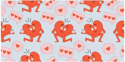 Seamless pattern with smiling heart character and love messages symbols. Hand drawn vector design for Valentines Day.