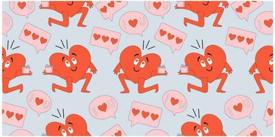 Seamless pattern with smiling heart character and love messages symbols. Hand drawn vector design for Valentines Day.