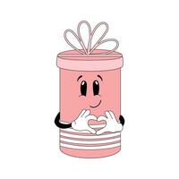 Smiling gift box with heart gesture. Hand drawn mascot vector design in cartoon style.