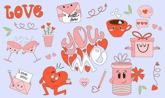 Cute romantic set of Valentines day hand drawn elements. Flat illustrations for stickers, greeting cards, web design. vector