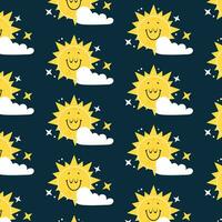 Hand drawn seamless pattern with smiling sun and clouds. Cute vector design.