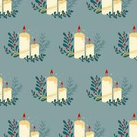 Elegant seamless pattern with warm composition of two candles and winter plants. Hand drawn vector design on grey background.