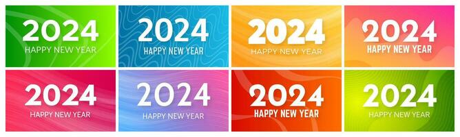 2024 Happy New Year backgrounds.  Set of eight modern greeting banner templates with white 2024 New Year numbers on colorful abstract backgrounds with lines. Vector illustration