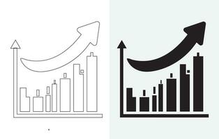 Vector isolated on white and grey background set of single black arrow increasing and pointing up on chart graph bars icon, success graph moving upwards flat design interface infographic element for a