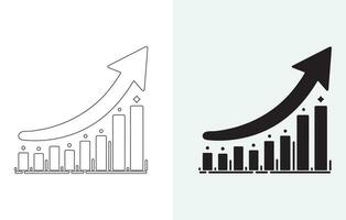 Vector isolated on white and grey background set of single black arrow increasing and pointing up on chart graph bars icon, success graph moving upwards flat design interface infographic element for a