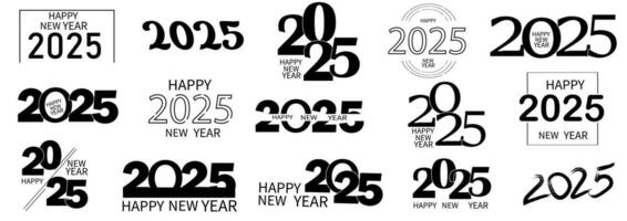 conjunto de 2025 contento nuevo año logo texto diseño. 2025 número diseño modelo. colección de 2025 contento nuevo año simbolos vector ilustración con negro etiquetas