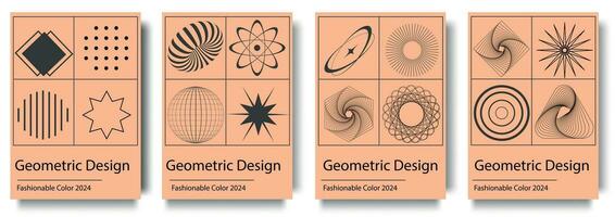 Geometric cover brochure set in fashionable Color 2024 Peach Fuzz design. Poster templates with abstract simple minimal forms of squares, circles, arrows, dots and halftone prints, curves and lines vector