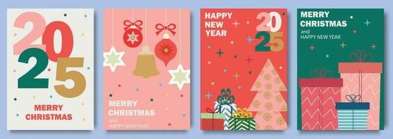 Happy New Year set of backgrounds, greeting cards, posters, holiday covers. Xmas templates with typography and modern minimalist geometric style for web, social media, print, cards. vector