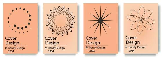 Geometric cover brochure set in fashionable Color 2024 Peach Fuzz design. Poster templates with abstract simple minimal forms of squares, circles, arrows, dots and halftone prints, curves and lines. vector