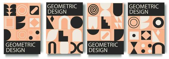 Set of modernist abstract geometric posters in fashionable Color 2024 Peach Fuzz with trendy minimalist isolated shapes. Swiss style and brutalism, for posters, covers, prints, banners, layouts. vector