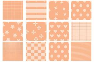 Set of seamless patterns with an abstract simple geometric print. Geometric backgrounds in trendy color 2024 Peach Fuzz vector