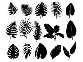 Set of black silhouettes of leaves and flowers. Vector illustration.