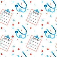 seamless medical background, pattern with checklist and stethoscope. Vector illustration isolated. Vector can used for wrapping paper, textile, poster, greeting card.