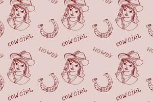 Wild west pattern with cowgirl, horseshoe and lettering. Vector illustration outline on pink background. Retro boho style. Can used for clothes, textile, fabric design. Hand drawn sketch cowgirl.