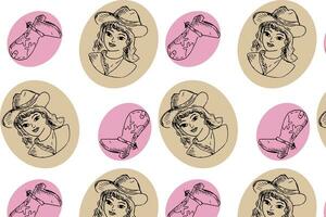 outline sketch pattern cowgirl and boots on color rounds . Vector illustration in vintage style. Can used for wrapping paper, textile, wallpaper.