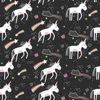 dibujos animados unicornio con vistoso arco iris estrellas sin costura modelo antecedentes vector ilustración. diseño para utilizar todas terminado tela impresión envase papel decorativo fondo y otros