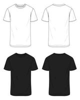 White and Black color Short sleeve t shirt technical drawing fashion flat sketch vector illustration template front and back views.