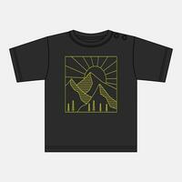 Hand drawing outline hill with sun vector illustration t shirt chest print design for kids isolated on black t shirt mock up views