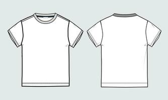 Regular fit Short sleeve T-shirt technical Sketch fashion Flat Template With Round neckline Front and back view. Clothing Art Drawing Vector illustration basic apparel design Mock up.
