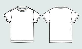 Camiseta de manga corta de corte regular con dibujo técnico de moda con plantilla plana con escote redondo en la parte delantera y trasera. dibujo de arte de ropa ilustración vectorial maqueta de diseño básico de ropa. vector