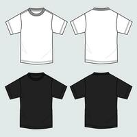 White and Black color Short sleeve t shirt technical drawing fashion flat sketch vector illustration template front and back views.