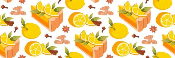 Lemon pie seamless pattern. Tropical yellow lemon Slices and desserts. culinary yellow background. For fabric, print on t-shirt, wallpaper. Fruit cake repeated background. Vector flat illustration.