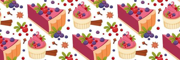 Berry cheesecake and cupcakes seamless pattern. Fragrant wild berries background. Delicious Pastries for cookbook. Collection of tasty sweet desserts. For fabric, packaging. Vector flat illustration.