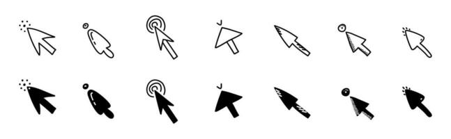 Doodle click icon set. Hand drawn mouse cursor button. Digital arrow pointer for website, computer application. Vector illustration