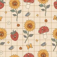 retro sin costura modelo con dibujos animados maravilloso caracteres con caras de el años 70 miedoso hippie antecedentes con malla, girasol, champiñón, flor, mariposa, fresa y estrella. teléfono caso, textil. vector