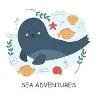 vector illustrations with letterings and sea animals. Cute baby illustrations with phrases for poster, greeting card, banner and flyer. Sea inhabitants and water plants.