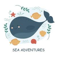 vector illustrations with letterings and sea animals. Cute baby illustrations with phrases for poster, greeting card, banner and flyer. Sea inhabitants and water plants.