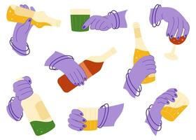 Set of different female hands with bottles and glasses with alcohol. Mental health problems. Symbolic elements on the theme of female alcoholism. Collection of cartoon flat vector illustrations.