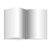 Vector realistic opened book, journal or magazine mockup with sheet of A4. Blank open pages of sketchbook or notebook template for catalog, brochure design