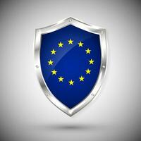 Europe flag on metal shiny shield vector illustration. Collection of flags on shield against white background. Abstract isolated object