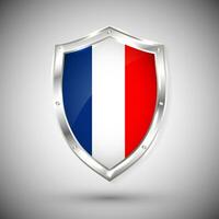 France flag on metal shiny shield vector illustration. Collection of flags on shield against white background. Abstract isolated object