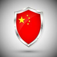 China flag on metal shiny shield vector illustration. Collection of flags on shield against white background. Abstract isolated object