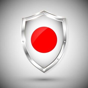 Japan flag on metal shiny shield vector illustration. Collection of flags on shield against white background. Abstract isolated object.