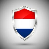 Holland flag on metal shiny shield vector illustration. Collection of flags on shield against white background. Abstract isolated object