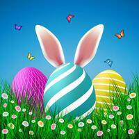 Vector Easter eggs with grass, butterfly and flowers isolated on a blue background. Element for celebratory design