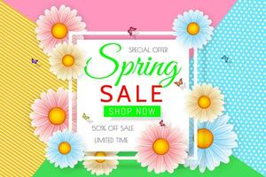 Spring sale background design with beautiful colorful flower. Vector floral design template for coupon, banner, voucher or promotional poster