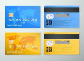 Realistic detailed credit card with the world map on yellow and blue background. Vector illustration design