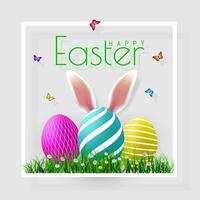 Happy Easter. Vector Easter eggs with grass, butterfly and flowers in frame, isolated on a gray background